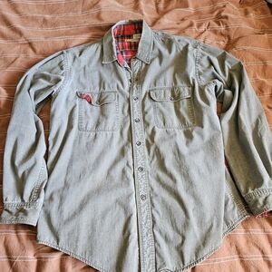 L.L. Bean Gray Button-Down Shirt with Red Plaid Accents